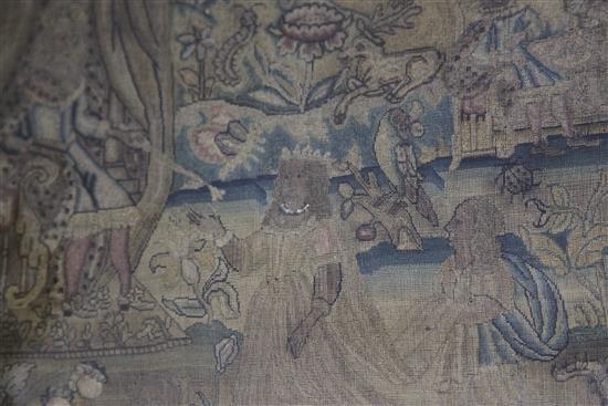 An early 17th century needlework panel of King Ahasuerus receiving Esther, 16.75 x 21in.